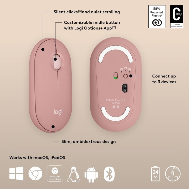 Logitech Pebble Mouse 2 M350s Bluetooth Wireless Mouse 4000 DPI Tonal Rose