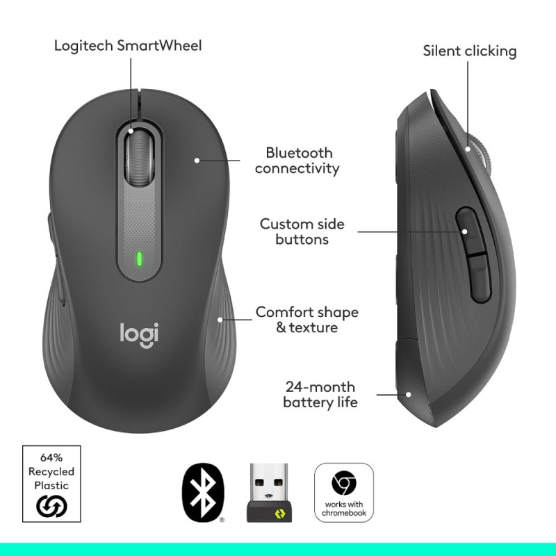 Logitech Signature M650 Wireless Mouse 2-Year Battery Silent Clicks Graphite