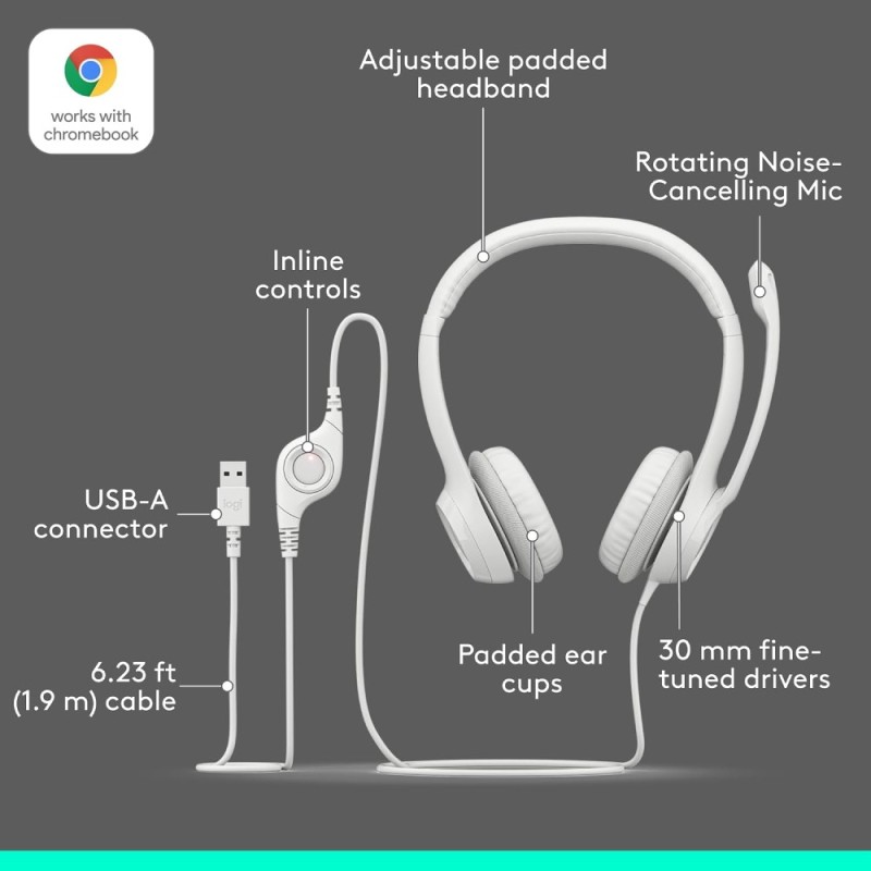 Logitech Wired Headset H390 Digital Stereo Sound, USB-A, White