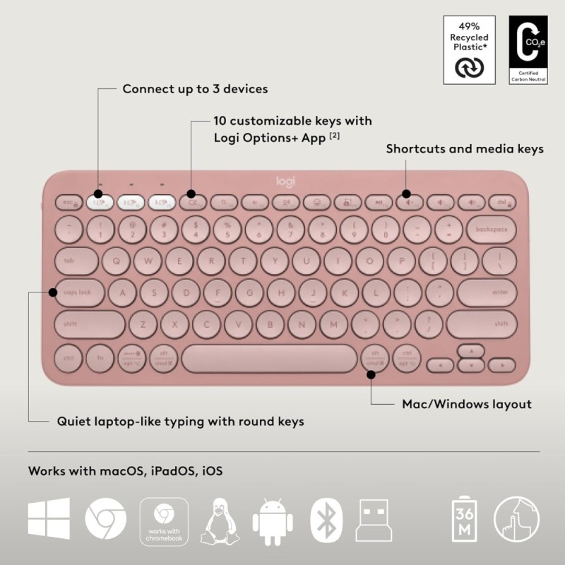 Logitech Wireless Keyboard and Mouse Pebble 2 Combo, Bluetooth, Portable, Tonal Rose