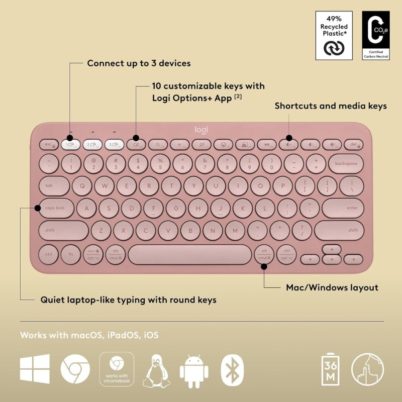 Logitech Wireless Keyboard Pebble Keys 2 K380s Multi-Device Bluetooth Slim Portable Tonal Rose
