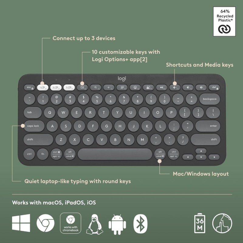 Logitech Wireless Keyboard Pebble Keys 2 K380s Slim Bluetooth Graphite