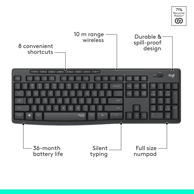 Logitech Wireless Mouse & Keyboard MK295 SilentTouch Technology Graphite