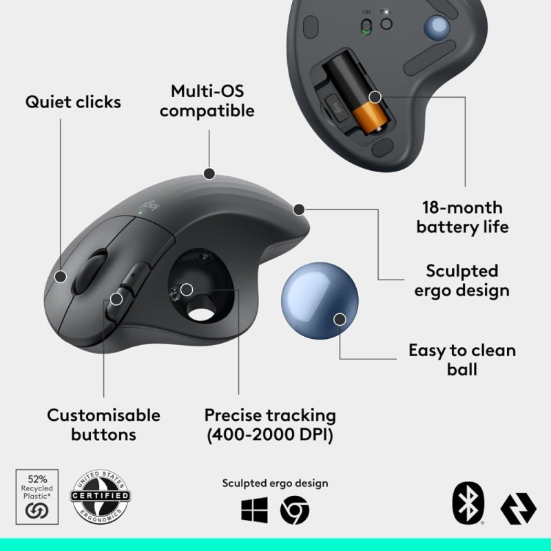 Logitech Wireless Trackball Mouse 45776 Thumb Control, Bluetooth, USB, Black