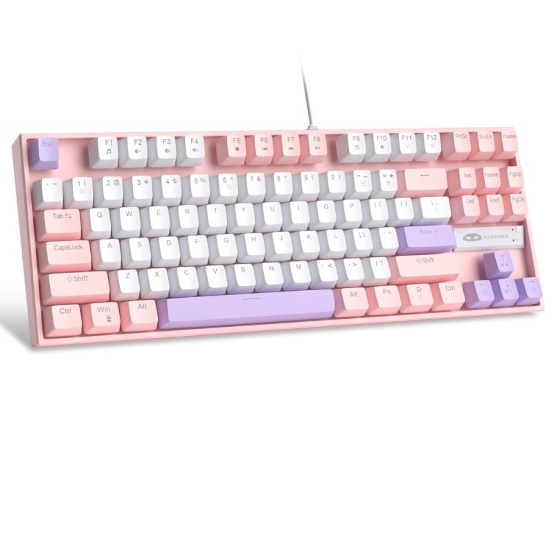 MageGee Gaming Mechanical Keyboard 75% Pink Red Switch 87 Keys White Pink