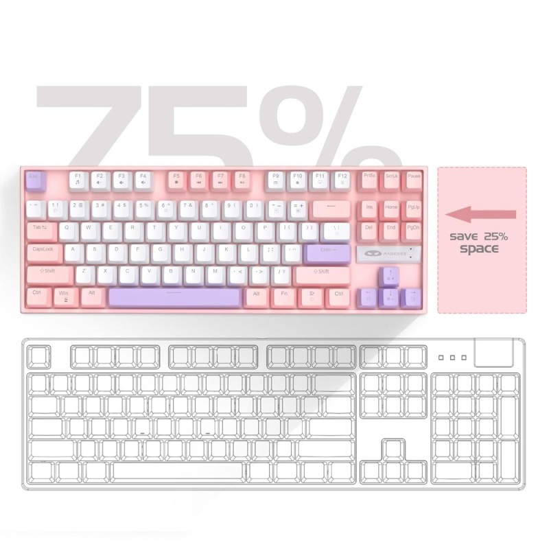 MageGee Gaming Mechanical Keyboard 75% Pink Red Switch 87 Keys White Pink