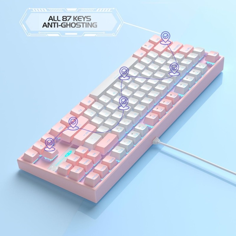 MageGee Gaming Mechanical Keyboard 75% Pink Red Switch 87 Keys White Pink