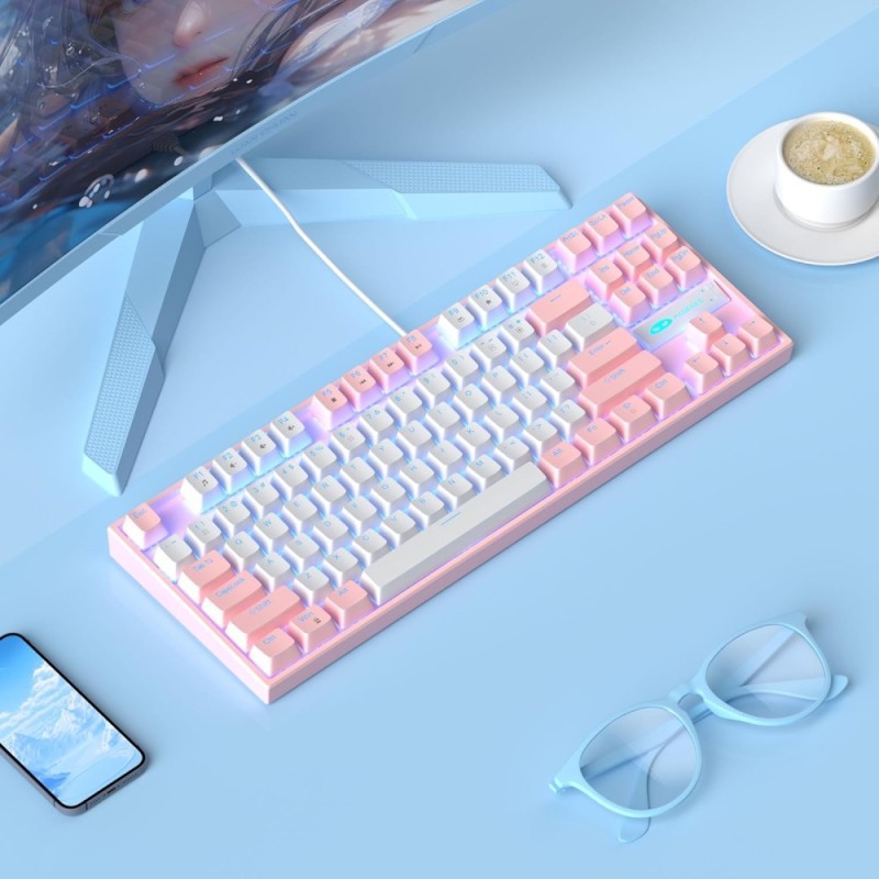 MageGee Gaming Mechanical Keyboard 75% Pink Red Switch 87 Keys White Pink