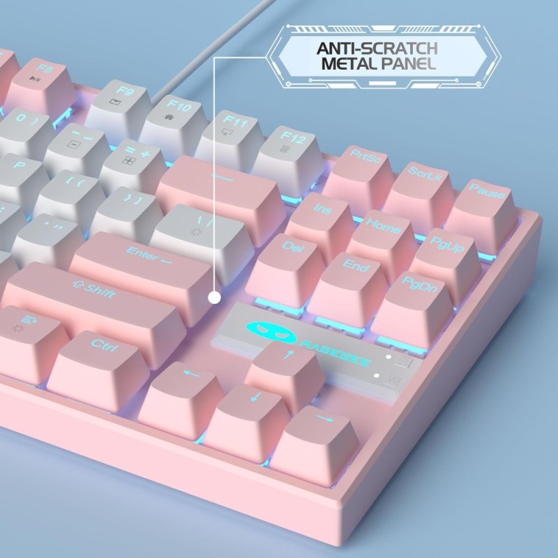 MageGee Gaming Mechanical Keyboard 75% Pink Red Switch 87 Keys White Pink