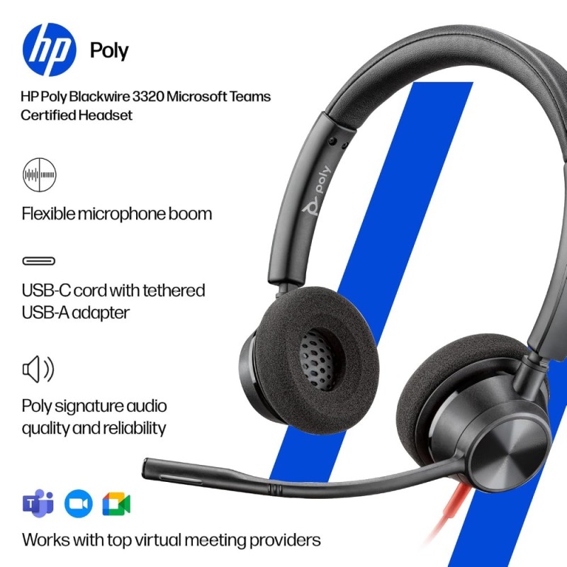 PLT Blackwire 3320 Stereo Headset Noise-Canceling Mic USB-C Black