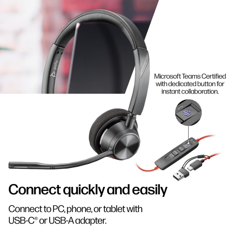 PLT Blackwire 3320 Stereo Headset Noise-Canceling Mic USB-C Black