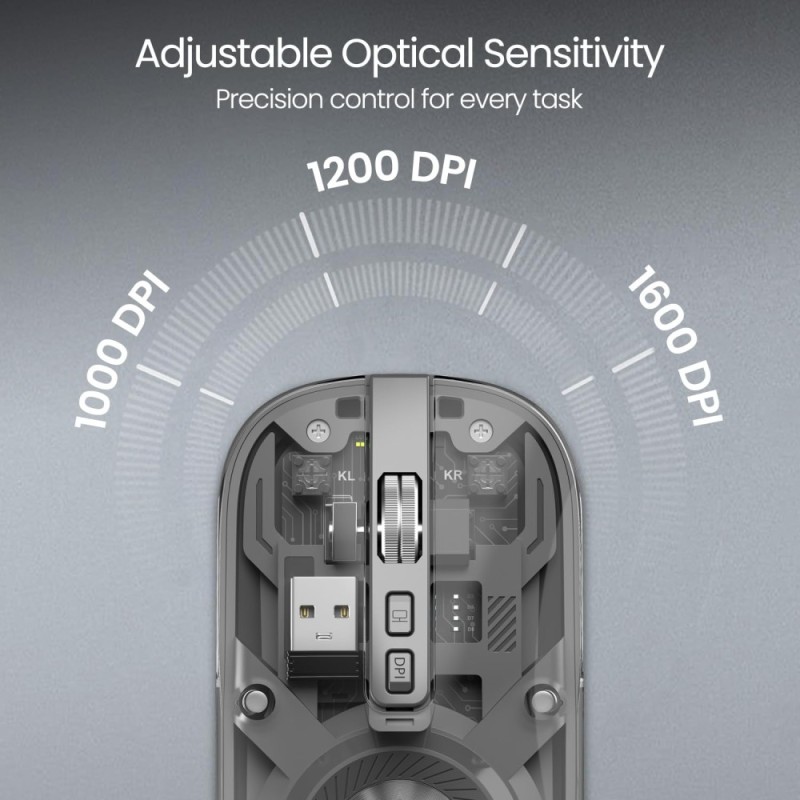 Portronics Wireless Bluetooth Mouse POR-3098 Dual Connectivity, Rechargeable Battery, Adjustable DPI, Grey