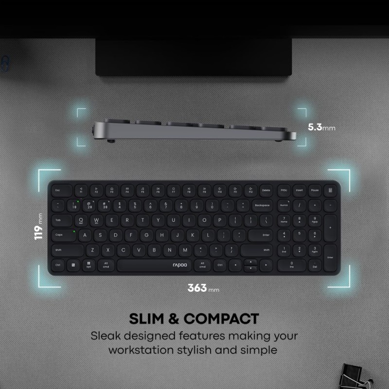 Rapoo Keyboard E9350L Multi Device W/L & BT, Rechargeable, DarkGrey