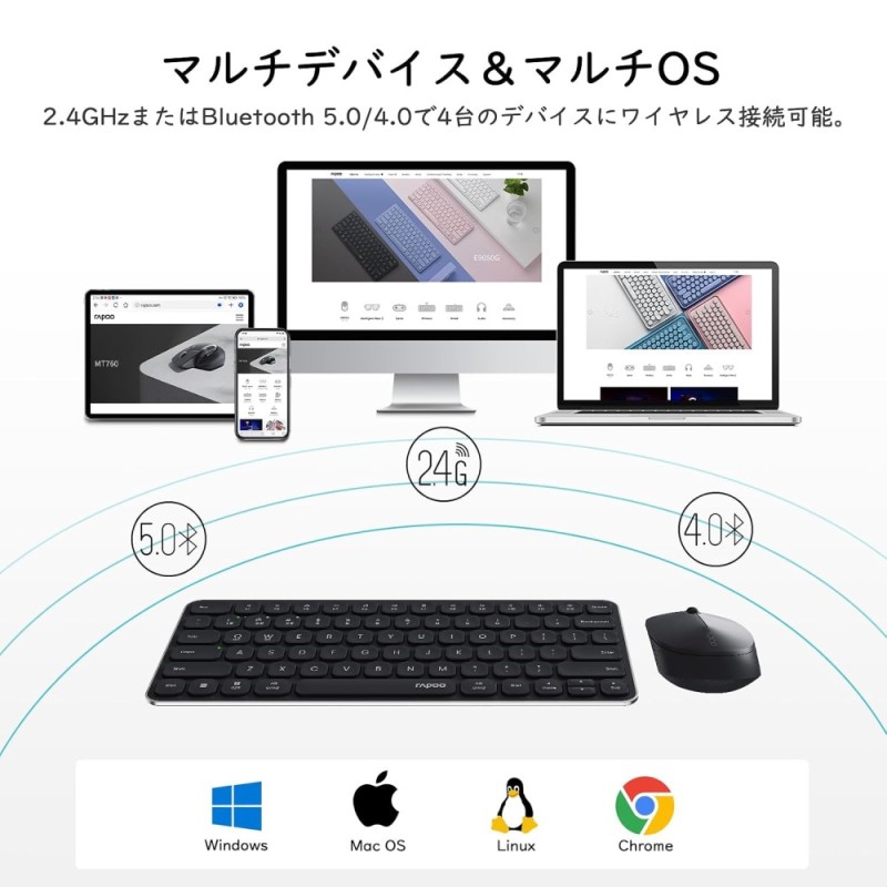 Rapoo Wireless & Bluetooth Keyboard & Mouse Combo 9010M Multi-Device Support, Adjustable DPI, Black