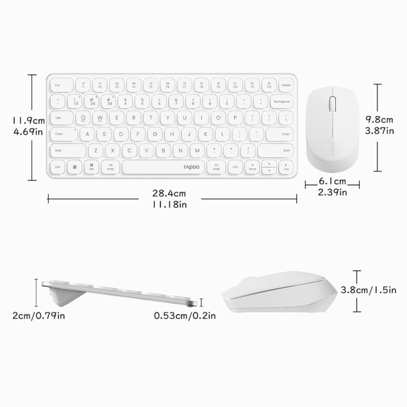 Rapoo Wireless & Bluetooth Keyboard & Mouse Combo 9010M Multi-Device Support, Adjustable DPI, White