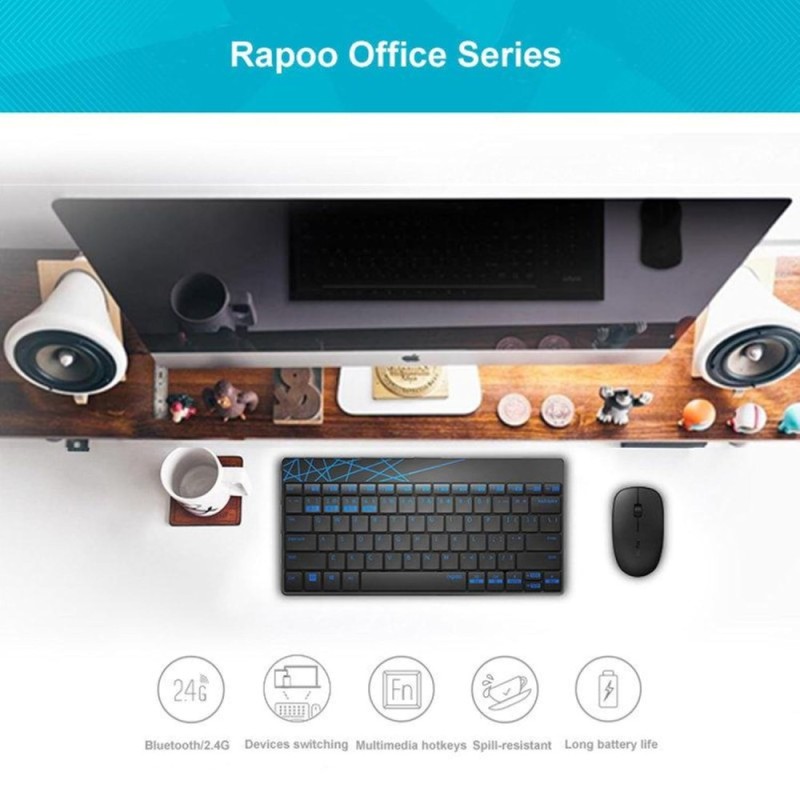 Rapoo Wireless Keyboard & Mouse Combo 8000M Bluetooth 3.0/4.0 Spill-Resistant Black