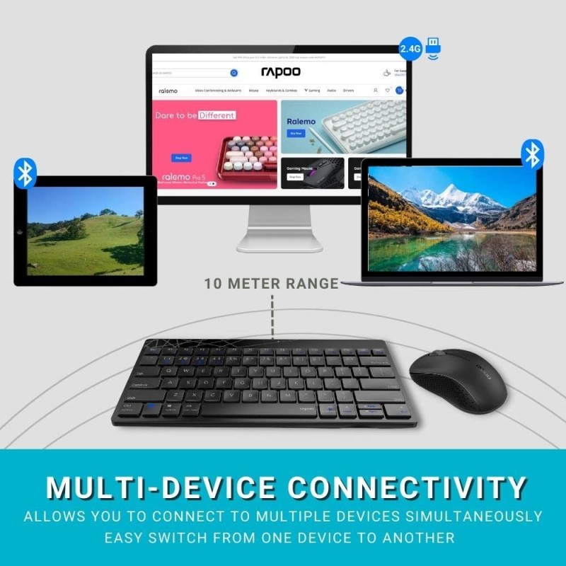 Rapoo Wireless Keyboard & Mouse Combo 8000M Bluetooth 3.0/4.0 Spill-Resistant Black