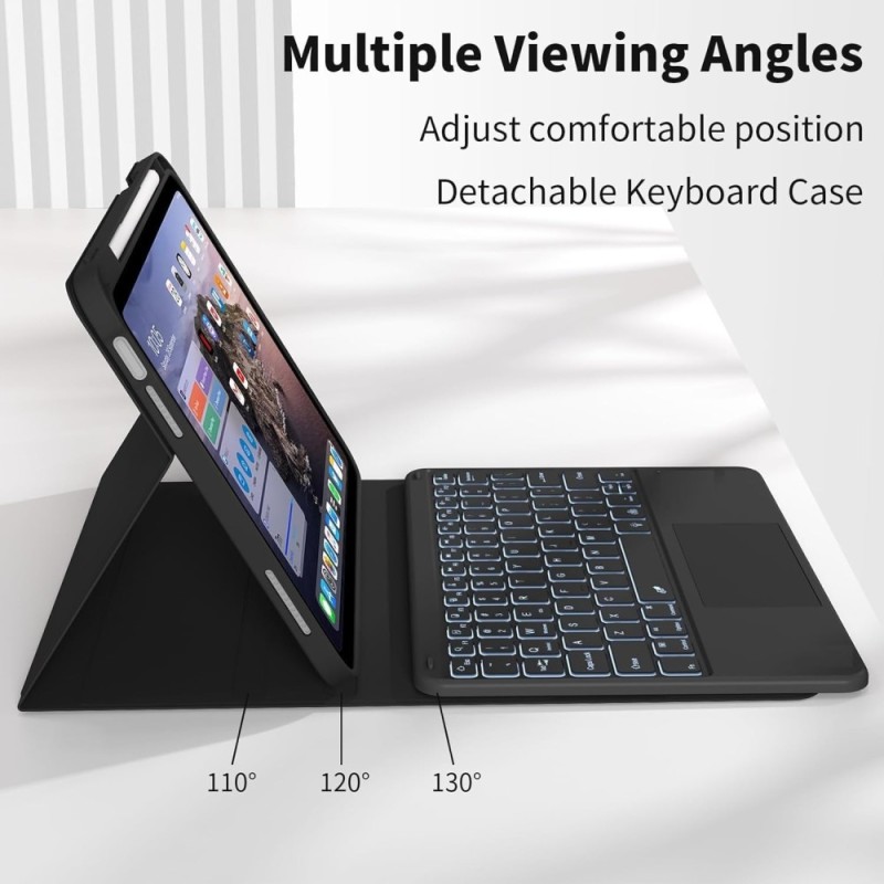 RTSY Keyboard Case for iPad A16 & 10th Gen with Touchpad, 7-Color Backlit, Black