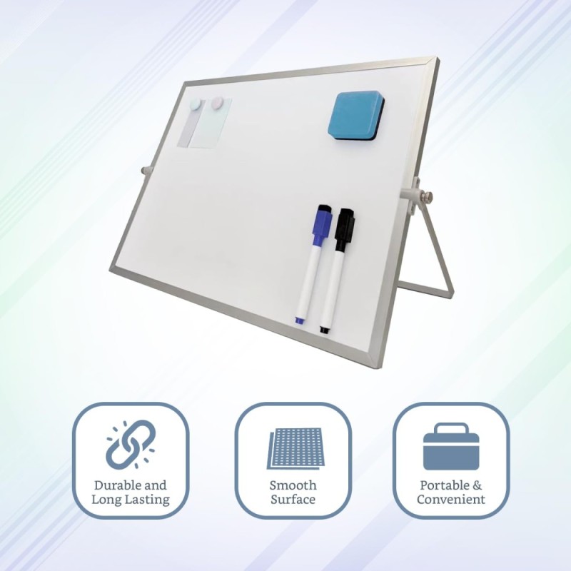 Solimo Dry Erase Double-Sided White Board with 360° Rotating Stand | Aluminium Frame | Portable 30 x 40 cm | White
