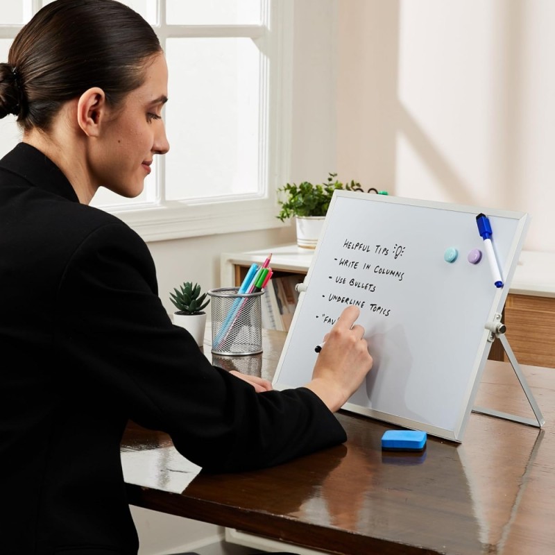 Solimo Dry Erase Double-Sided White Board with 360° Rotating Stand | Aluminium Frame | Portable 30 x 40 cm | White