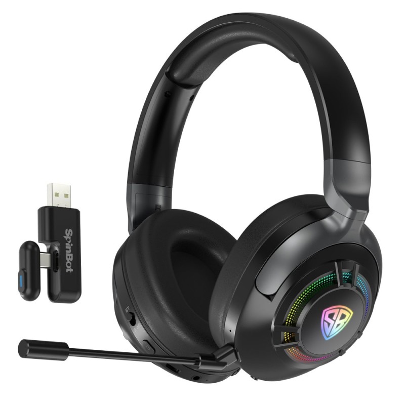SpinBot Ranger HX700 Wireless Headphones with ANC & RGB, 50mm Drivers, 2.4GHz, Bluetooth, Black