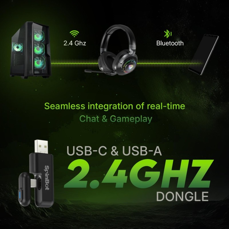 SpinBot Ranger HX700 Wireless Headphones with ANC & RGB, 50mm Drivers, 2.4GHz, Bluetooth, Black