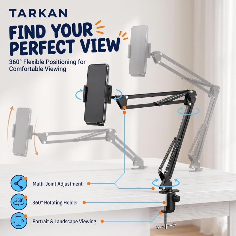 TARKAN Adjustable Flexible Arm Hanging Mount Holder SD_TK_MOBILESTAND_LAZYART_BLACK 360° Adjustability, Ergonomic Design, Matte Black