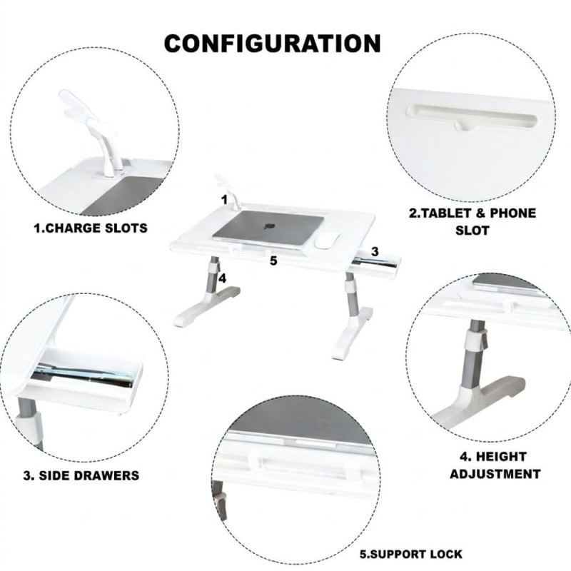TARKAN Laptop Bed Tray Table SD_TK_LAPTABLE_NEWMARVEL1 Adjustable Height & Angle, USB Hub, Drawer, White