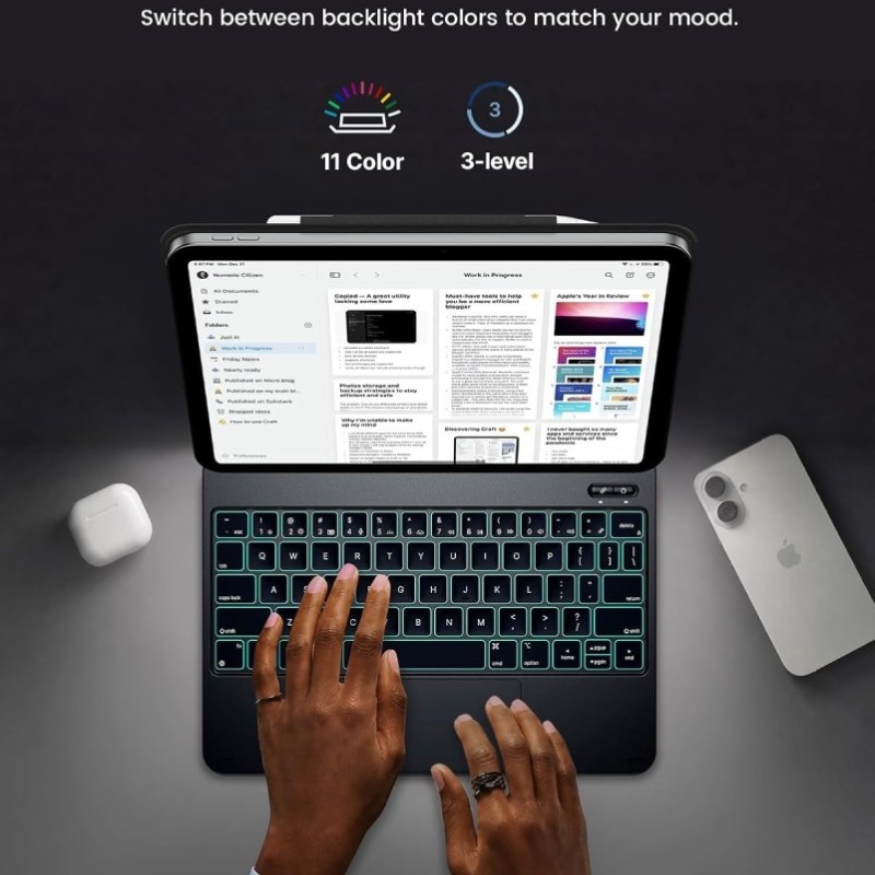 Typecase Edge Keyboard Case for iPad 11th A16 & 10th Gen, 11-Color Backlit, Floating Cantilever, Black