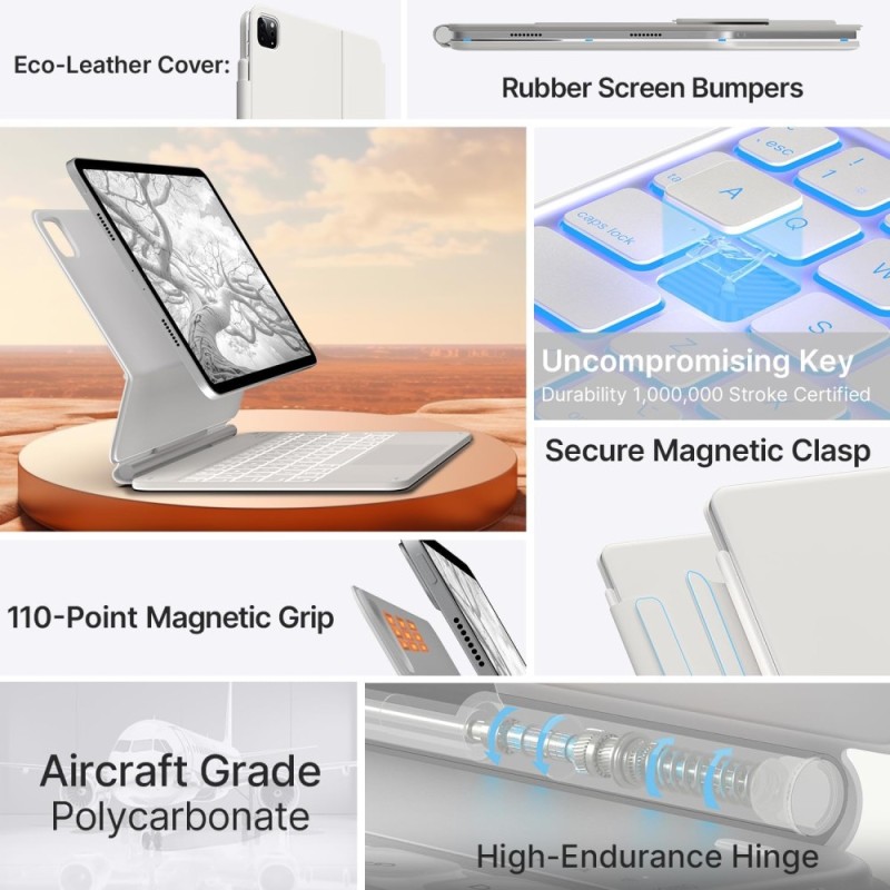 typecase Edge Keyboard Case for iPad Air 11 & Pro 11, 11-Color Backlit, Floating Cantilever Stand, White'26