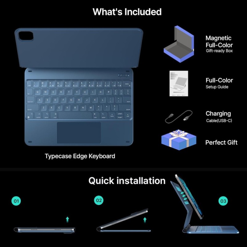 typecase Edge Keyboard Case for iPad Air 11 & Pro 11, Backlit, Touchpad, Pacific Blue'26