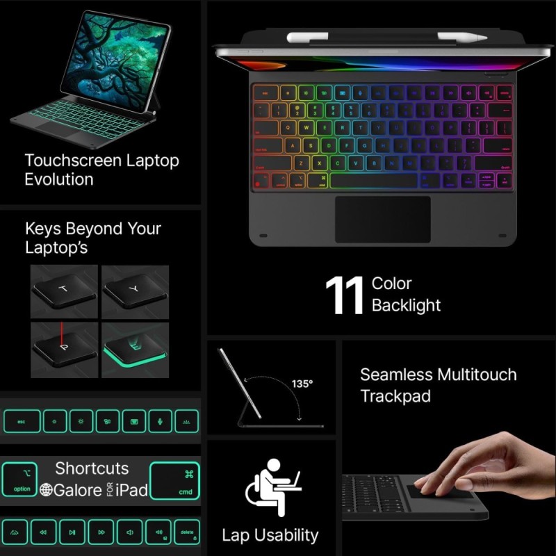 Typecase Edge Keyboard for iPad Air 13 & Pro 12.9 with Trackpad, 11-Color Backlit, Black