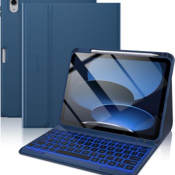 typecase Folio Keyboard Case for iPad A16 & 10th Gen, Magnetic Wireless Detachable, 7-Color Backlight, Marine Blue