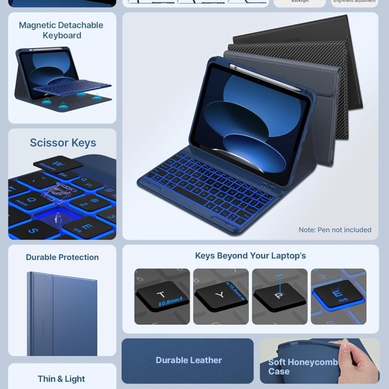 typecase Folio Keyboard Case for iPad A16 & 10th Gen, Magnetic Wireless Detachable, 7-Color Backlight, Marine Blue
