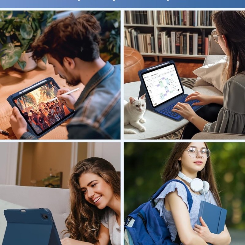typecase Folio Keyboard Case for iPad A16 & 10th Gen, Magnetic Wireless Detachable, 7-Color Backlight, Marine Blue