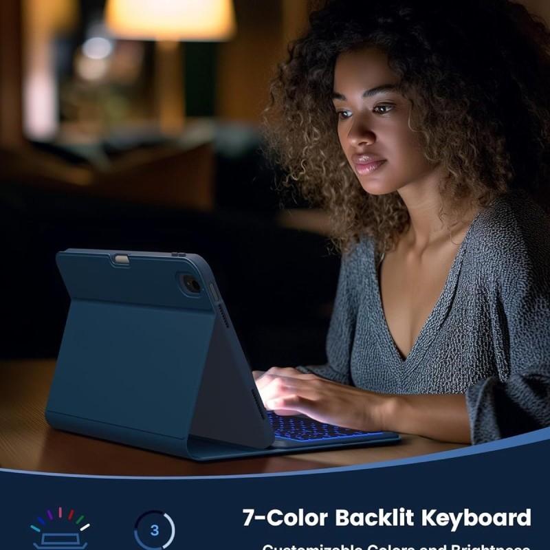 typecase Folio Keyboard Case for iPad A16 & 10th Gen, Magnetic Wireless Detachable, 7-Color Backlight, Marine Blue