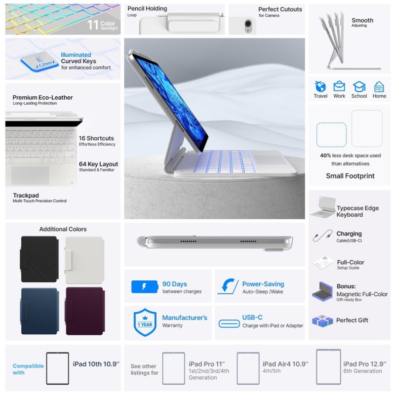 typecase Keyboard Case Edge for iPad 11th & 10th Gen 11-Color Backlit Touchpad White