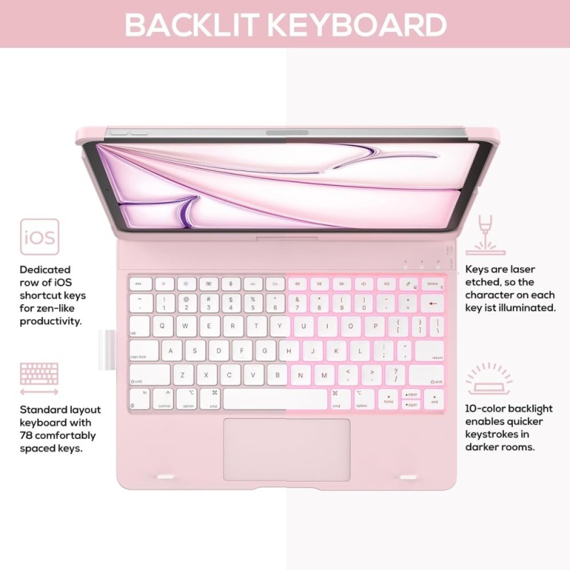 typecase Keyboard Case KB201T-110 Trackpad 11-Color Backlit Light Pink