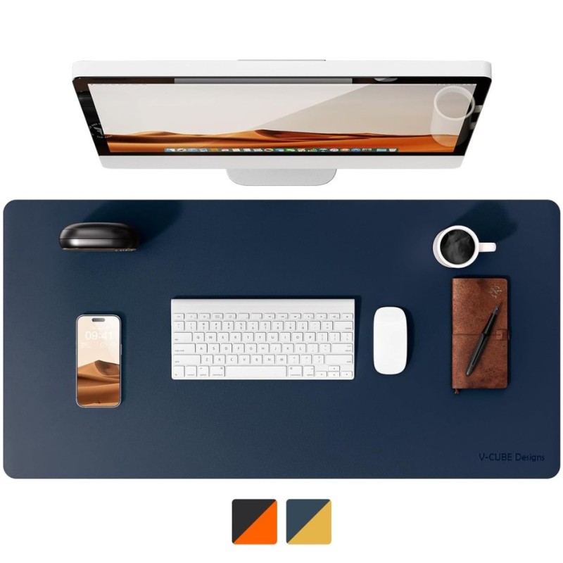 V-CUBE Designs Desk Mat VCD-DMDC7540-NBY Reversible Vegan Leather 75x40cm Navy Blue & Yellow