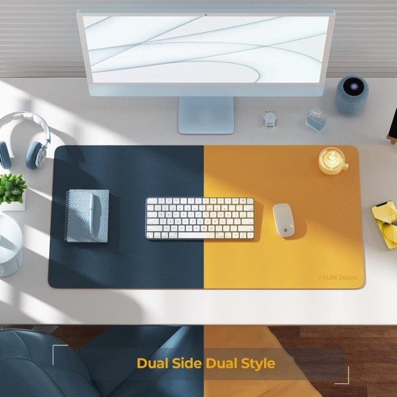 V-CUBE Designs Desk Mat VCD-DMDC7540-NBY Reversible Vegan Leather 75x40cm Navy Blue & Yellow