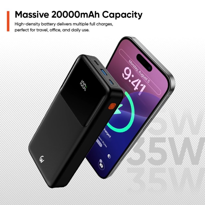 Wireless Gold Power Bank CT-109 20000mAh 35W Fast Charging Black