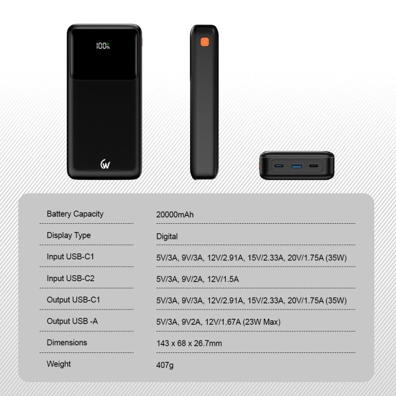 Wireless Gold Power Bank CT-109 20000mAh 35W Fast Charging Black