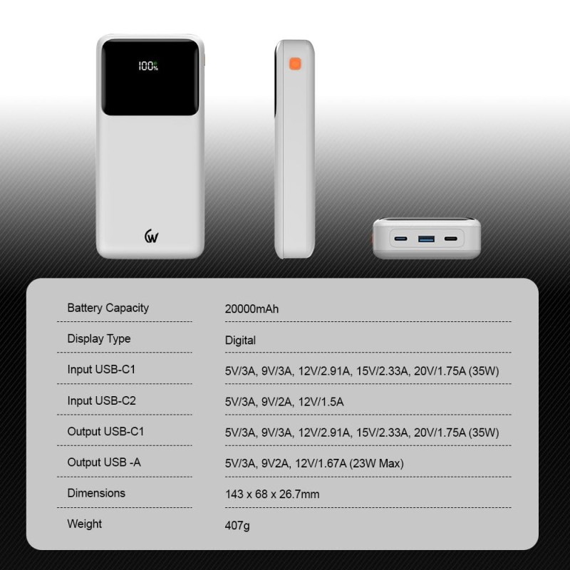 Wireless Gold Power Bank CT-109 20000mAh 35W Fast Charging White