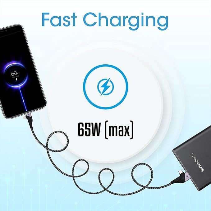Zebronics 4 in 1 Charging Cable ZEB 65 Watts PD Fast Charging Dark Black