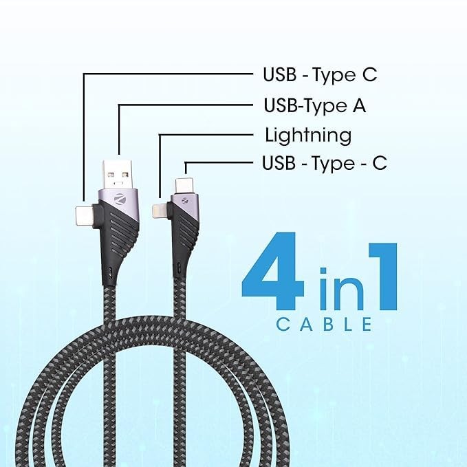 Zebronics 4 in 1 Charging Cable ZEB 65 Watts PD Fast Charging Dark Black