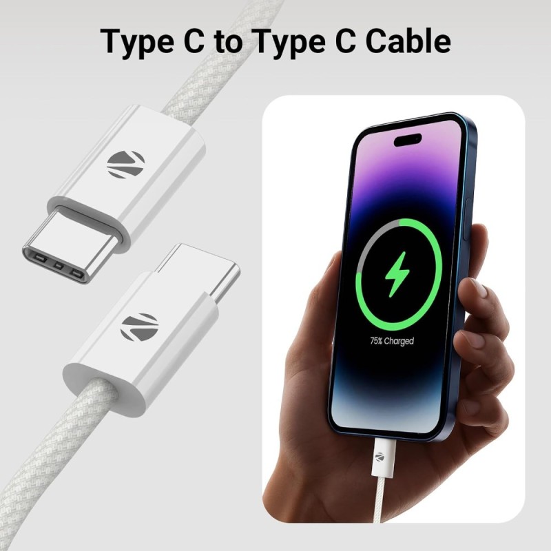 Zebronics Braided Cable ZEB Type-C to Type-C 240W 2 Meter White