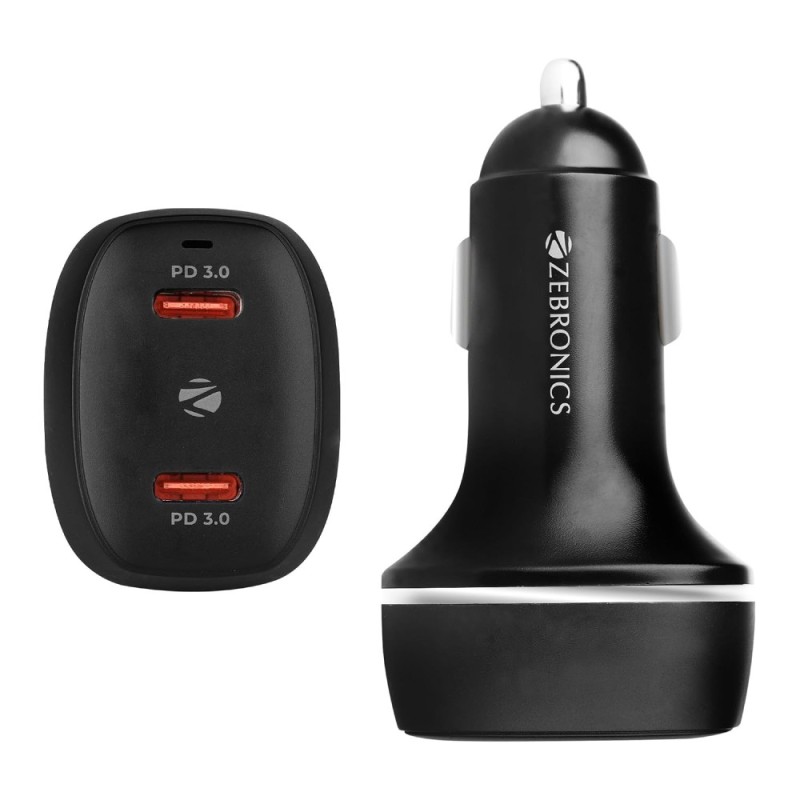 Zebronics Car Charger ZEB Dual Type-C PD 60W Dark Black