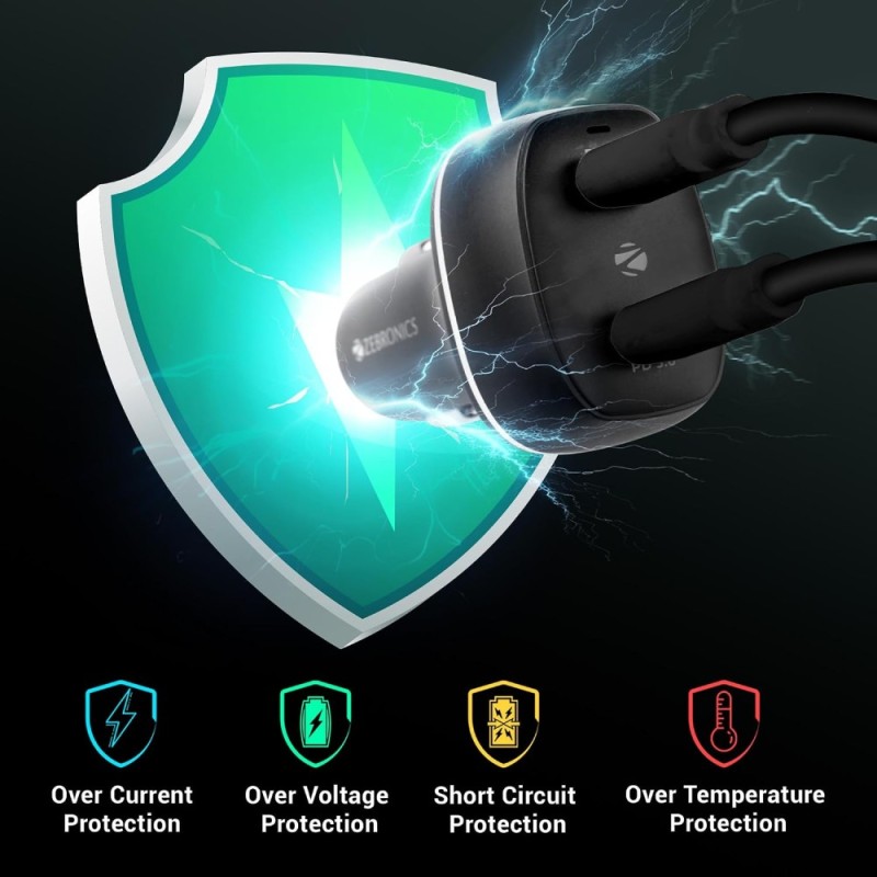 Zebronics Car Charger ZEB Dual Type-C PD 60W Dark Black
