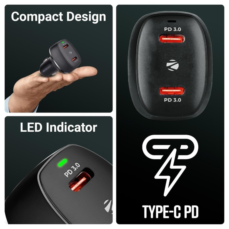 Zebronics Car Charger ZEB Dual Type-C PD 60W Dark Black