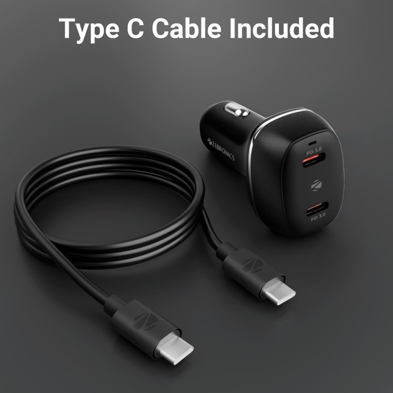 Zebronics Car Charger ZEB Dual Type-C PD 60W Dark Black